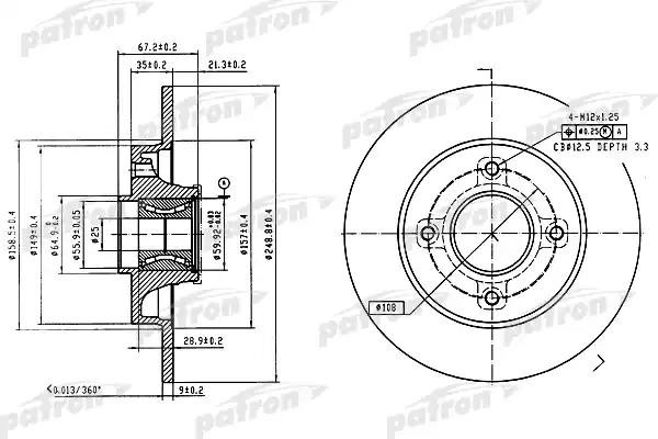 Диск тормозной PEUGEOT 307 (02-) CITROEN C4 (04-) задний (1шт.) PATRON PBD7011 PATRON