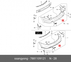 Бампер SSANGYONG Kyron (07-) задний (под парктроник) OE 7881109121 SSANG YONG