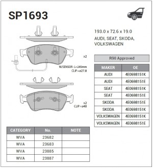 Колодки тормозные VW Phaeton AUDI A6,A8 (02-) (2.7/6.0) передние (4шт.) SANGSIN SP1693 SANGSIN