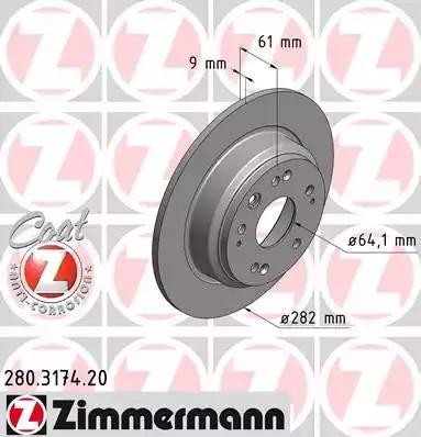 диск тормозной !задн. 282x9/61-5x114 \HONDA, (GAC) ACCORD VII 2.0 03>08, 2.2 i-C 280.3174.20 ZIMMERMANN