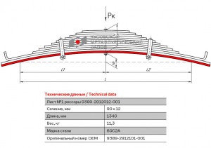 лист рессоры! №1 задняя L=1340mm (12-ти листовая) \ МАЗ 9389 93892912101001 OMK AUTO