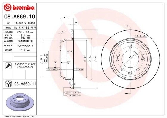 08.A869.10 диск тормозной задний!\ Kia Ceed, Hyundai i30 1.4-2.0/1.6 CRDi 06> 08A86910 BREMBO