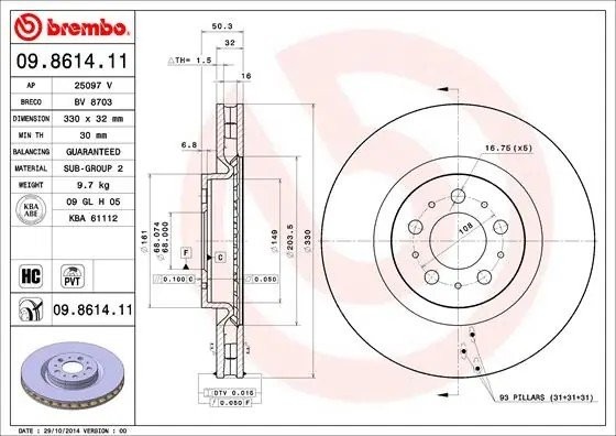 Диск тормозной VOLVO S60,V70 (03-10) передний (1шт.) BREMBO 09.8614.11 BREMBO