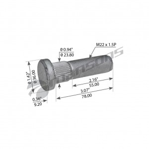 шпилька ступицы колеса! M22x1.5x78/55 со шлицами \ROR 780197 MANSONS