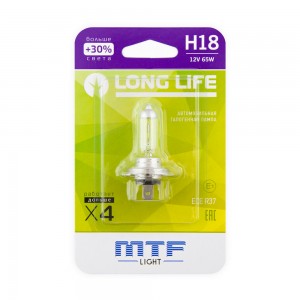 Лампа 12V H18 65W PY26d-1 +30% блистер (1шт.) Long Life MTF HLL1218B MTF