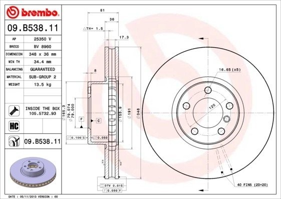 Диск тормозной BMW 7 (E65) передний (1шт.) BREMBO 09.B538.11 BREMBO