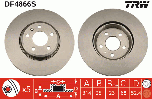 Диск тормозной передний AUDI A4 (B8). A5 (8T_) DF4866S DF4866S TRW