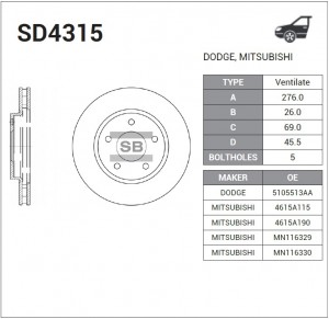 Диск тормозной MITSUBISHI LANCER 08-/DODGE CALIBER 06- передний вент.D 276мм. SD SD4315 SANGSIN