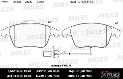 Колодки тормозные передние с датчиком (Смесь Semi-Metallic) AUDI A4/A4 ALLROAD/A E100276 MILES