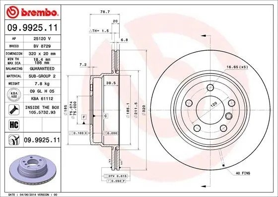 Диск тормозной 09.9925.11 09.9925.11 BREMBO