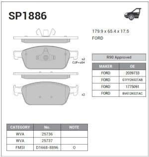 Колодки тормозные FORD Focus ST (12-),Kuga (13-) передние (4шт.) SANGSIN SP1886 SANGSIN