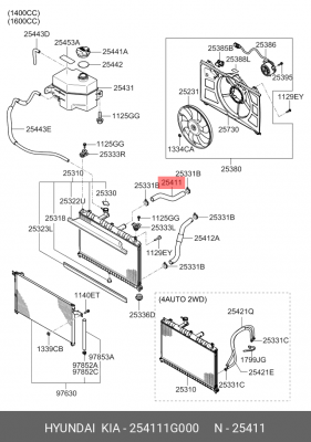 Патрубок KIA Rio (05-) (1.4/1.6) радиатора верхний OE 254111G000 HYUNDAI KIA