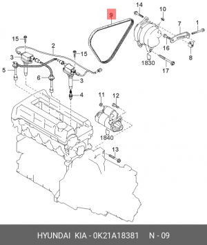 Ремень приводной поликлиновой 4PK885 KIA Rio,Spectra,Clarus,Carens генератора OE 0K21A-18381 HYUNDAI KIA