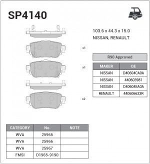 Колодки тормозные NISSAN Qashqai (13-) задние (4шт.) SANGSIN SP4140 SANGSIN