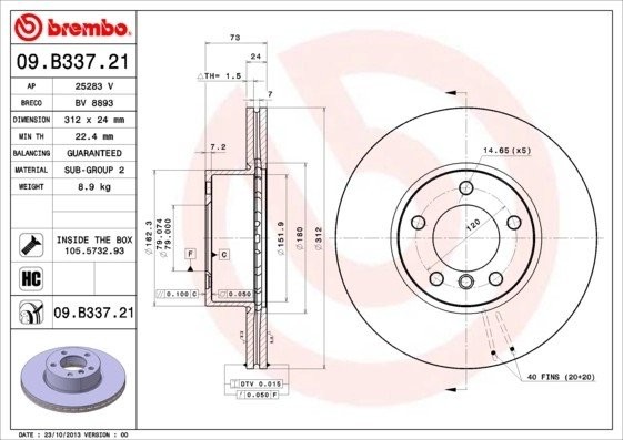 Диск тормозной BMW 1 (F21) 2011/12 09.B337.21 09.B337.21 BREMBO