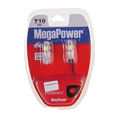 Автолампа T10W (W2,1x9,5d) 5 SMD 5050 WHITE блистер с тестером (2 шт) 6000K 100л M-10714W-2БЛТ MEGA POWER