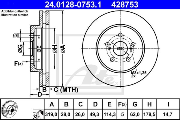 Диск тормозной LEXUS RX300,RX350,RX400 (03-) передний (1шт.) ATE 24.0128-0753.1 ATE
