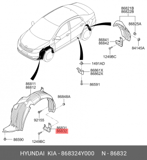 Брызговик KIA Rio (11-) передний правый OE 868324Y000 HYUNDAI KIA