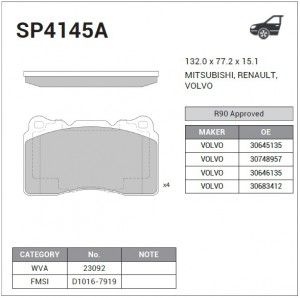 Колодки передние VOLVO S60 04-10 SP4145A SP4145A SANGSIN
