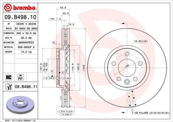 Диск тормозной VW T5 (03-) передний (1шт.) BREMBO 09.B498.11 BREMBO