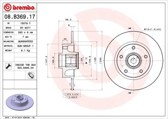 Диск тормозной (с подшипником) 08.B369.17 08.B369.17 BREMBO
