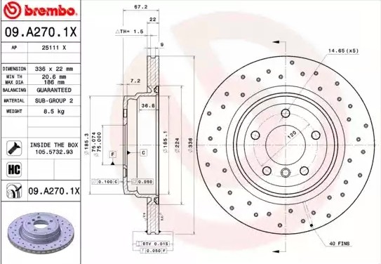 Диск тормозной BMW 3 (E90,E91,E92,E93) задний вентилируемый (1шт.) BREMBO 09.A270.1X BREMBO