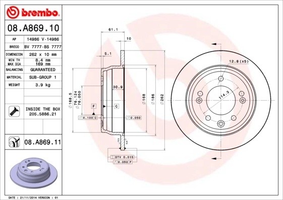 08.A869.10 диск тормозной задний!\ Kia Ceed, Hyundai i30 1.4-2.0/1.6 CRDi 06> 08A86910 BREMBO