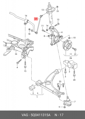 Стойка стабилизатора VW Golf 5,6,Passat B6 AUDI A3,Q3 SKODA переднего OE 5Q0 411 315 A VAG
