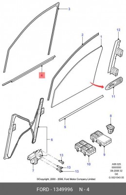 Уплотнитель стекла FORD Mondeo (01-) двери передней правой (наружный) OE 1 349 996 FORD