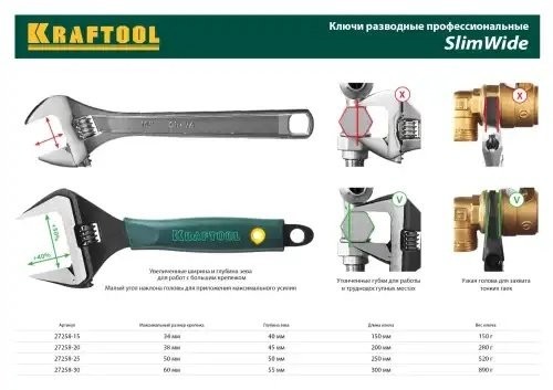 27258-15 Ключ разводной SlimWide, 150 / 34 мм, KRAFTOOL 2725815 KRAF TOOL