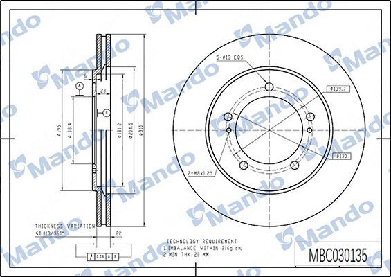 Диск тормозной SUZUKI Grand Vitara (-05) передний (1шт.) MANDO MBC030135 MANDO