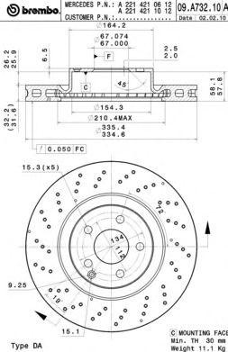 ДИСК ТОРМОЗНОЙ MERCEDES-BENZ S-CLASS (W221) S 400 Hybrid (221.095, 221.195) 2009 09.A732.11 BREMBO
