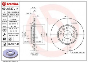 Диск тормозной RENAULT Megane (08-),Laguna (07-),Duster (10-) передний (1шт.) BR 09.A727.11 BREMBO
