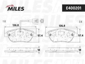 Колодки тормозные передние (с датчиком + болты) (Смесь Low-Metallic) (OPEL CORSA E400201 MILES