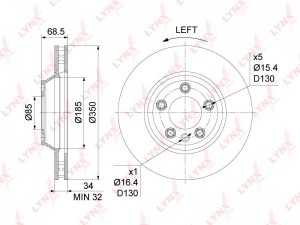 Диск тормозной передний L (350x34) подходит для AUDI Q7 3.0D-6.0D 06-15, VW Toua BN-1213L LYNXAUTO