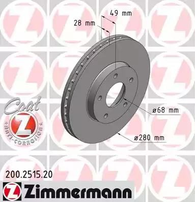 диск тормозной !перед. 280x28/49-5x114 \ Nissan Almera/Primera 1.6-2.0/2.2D 00> 200.2515.20 ZIMMERMANN