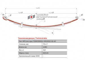 Лист рессоры MITSUBISHI L200 (05-16) задней №2 (5 листов) L=1280мм ЧМЗ 700605MSH-2912102-01 OMK AUTO