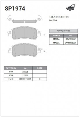 Колодки тормозные MAZDA 2 передние (4шт.) SANGSIN SP1974 SANGSIN