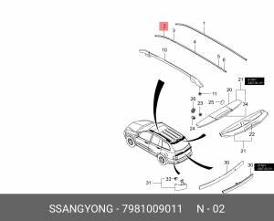 Молдинг SSANGYONG Kyron (05-) крыши левый №1 OE 7981009011 SSANG YONG