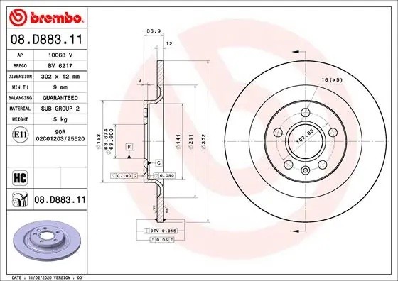 Диск тормозной 08.D883.11 08D88311 BREMBO