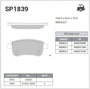 Колодки тормозные дисковые Renault Megane Sedan/Coupe 08 SP1839 SP1839 SANGSIN