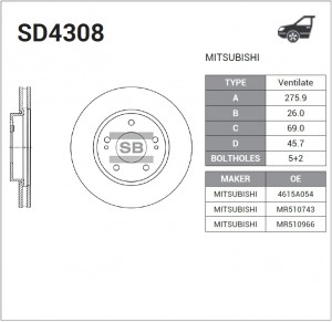 Диск тормозной MITSUBISHI Pajero Pinin (99-) передний (1шт.) SANGSIN SD4308 SANGSIN