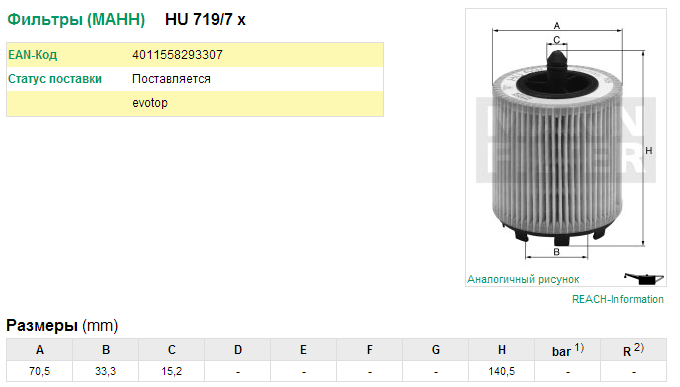 AUDI/SEAT/SKODA/VW HU719/7X MANN FILTER