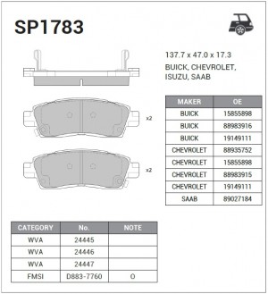 Колодки тормозные дисковые Chevrolet TrailBlazer, Saab 9-7 4.2-5.3i 02 SP1783 SP1783 SANGSIN