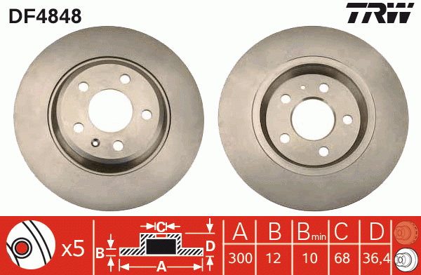 Диск тормозной задний AUDI A4 (B8), A5 (8T_, 8F_), A6 (C7), A7 (4GA), Q5 (8R) DF DF4848 TRW